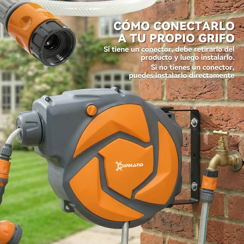 DURHAND Manguera Retráctil de Pared con Carrete de 10+1 m con Retorno Enrollado Automático y Boquilla de 7 Funciones Gira 180°
