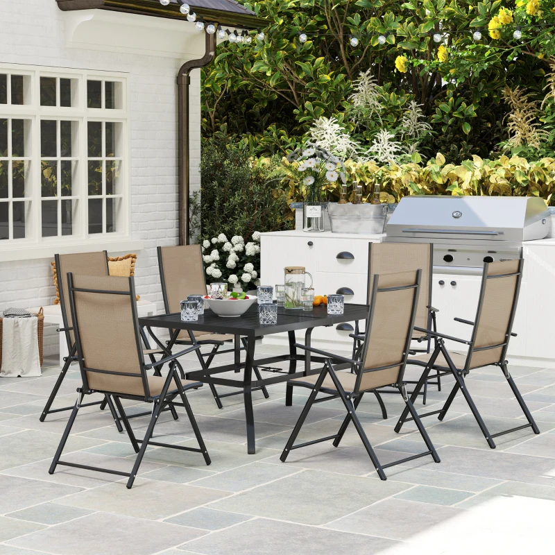 Outsunny Seven-Piece Steel Outdoor Dining Set, with Parasol Hole - Khaki