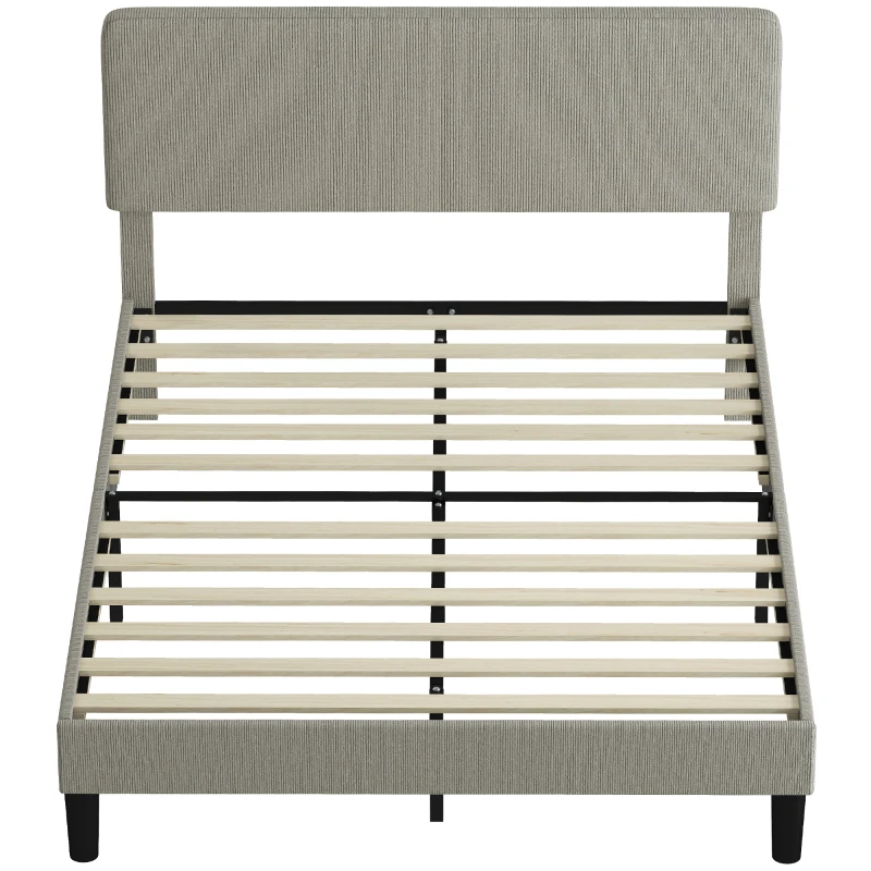 HOMCOM Cadre de lit 140 x 190 cm, sommier à lattes en bois, tête de lit réglable, lit double rembourré en velours côtelé, gris