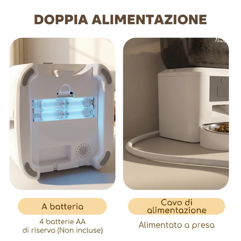 PawHut Distributore Automatico Cibo Gatti 4L WiFi 2.4G, App Controllo con Registratore 10s, Ciotola, Bianco