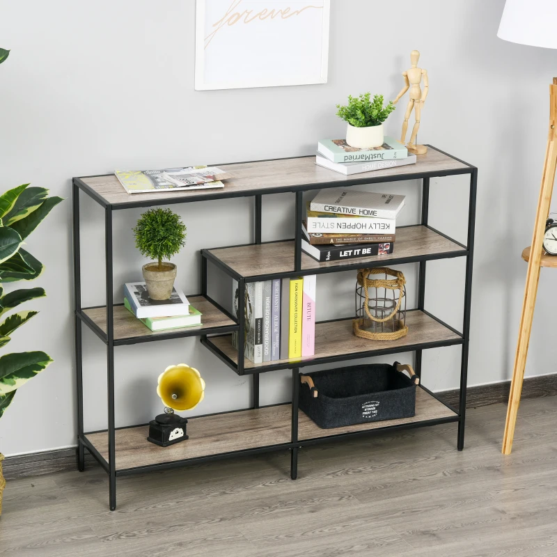 HOMCOM Standregal, Bücherregal Lagerregal Industrieller Stil, Aktenregal, Küchenregal, P2 Spanplatte, Metall, Schwarz+helle Eiche, 120 x 32 x 95 cm