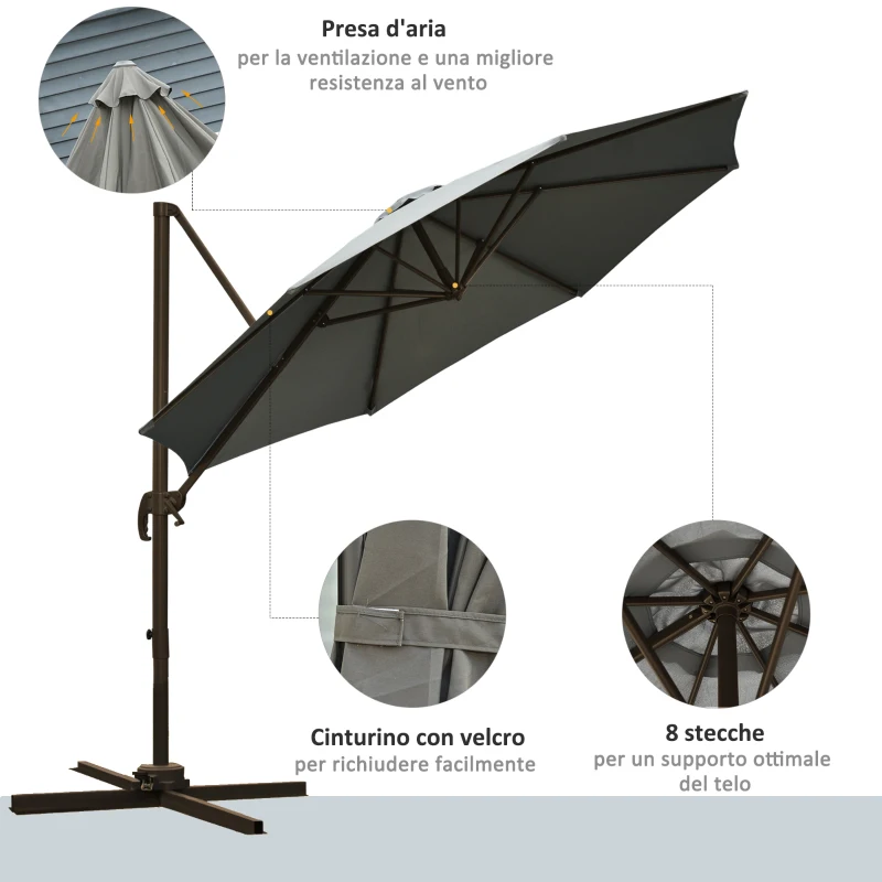Outsunny Ombrellone da Giardino a Manovella e a 8 Stecche con Angolazione Regolabile, Ø2.95x2.5 m, Grigio