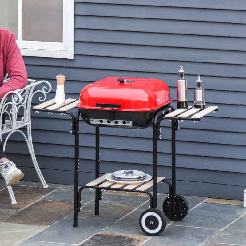 Outsunny Kohlegrill Grillwagen Grillstation Standgrill mit Windschutz 3 x Ablagefach Metall Rot 98 x 49 x 81 cm