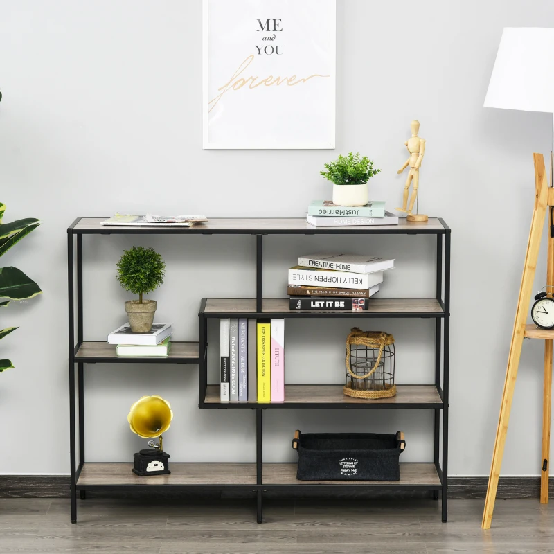 HOMCOM Standregal, Bücherregal Lagerregal Industrieller Stil, Aktenregal, Küchenregal, P2 Spanplatte, Metall, Schwarz+helle Eiche, 120 x 32 x 95 cm