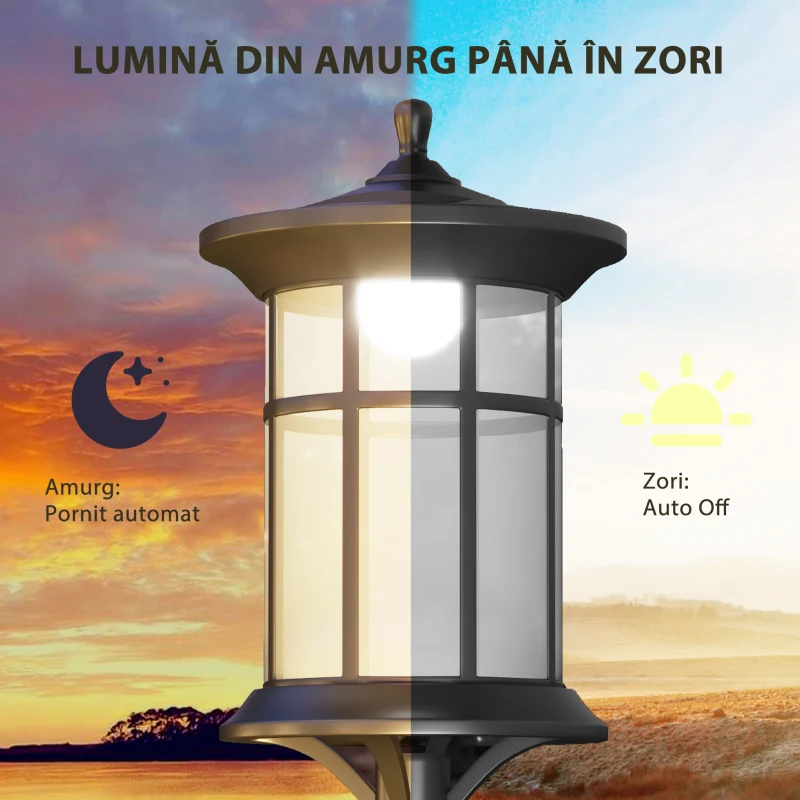 Outsunny Lampă Solară cu autonomie de 6h și ancorare la sol, din policarbonat și ABS IP44, 17x17x127 cm, negru