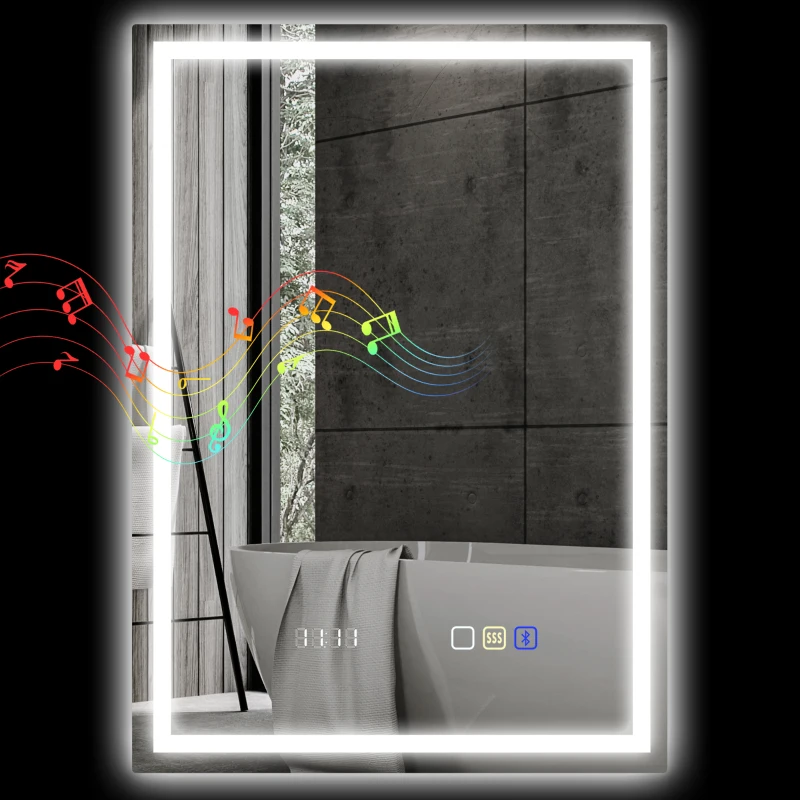 HOMCOM 50 x 70 cm Anti-Fog LED Bathroom Mirror, with Bluetooth and Clock - Silver Tone