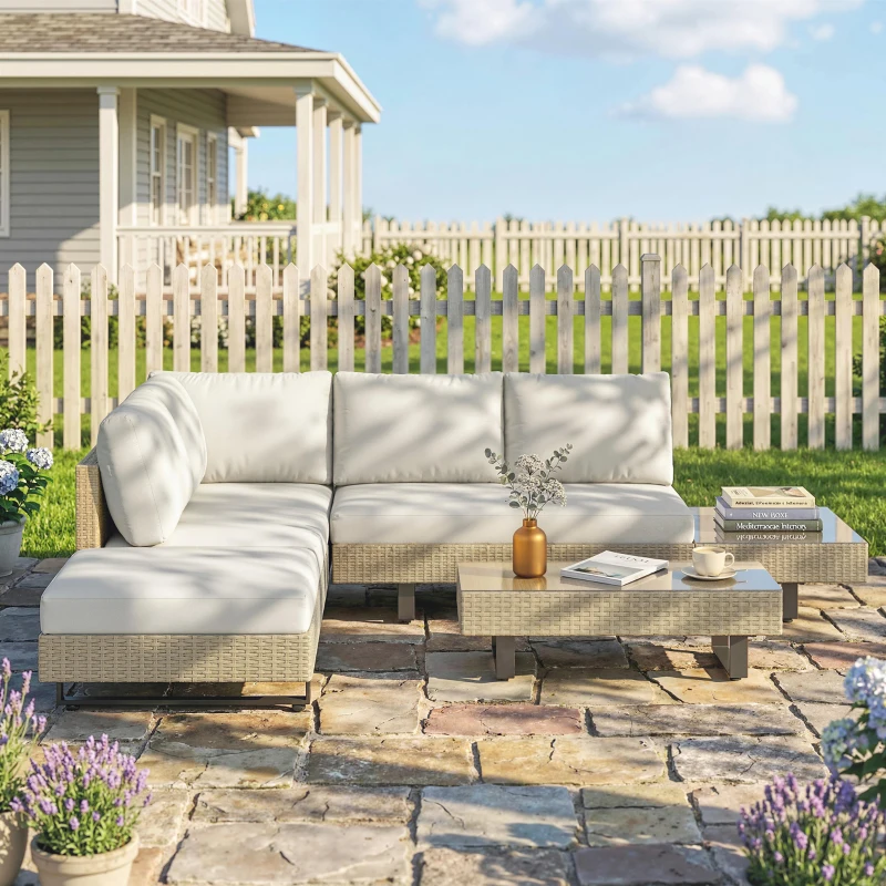Outsunny Conjunto de Jardín Exterior de Ratán de 3 Piezas con Sofá Modular de 3 y 2 Plazas Mesa Lateral Mesa de Centro Cojines