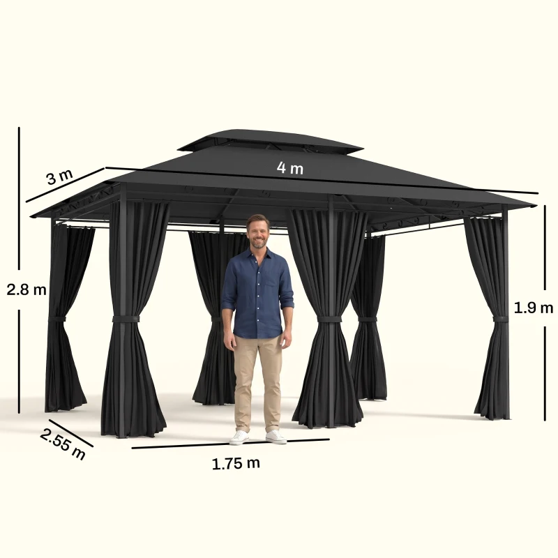Outsunny 3 x 4m Steel Gazebo, with Curtains - Black