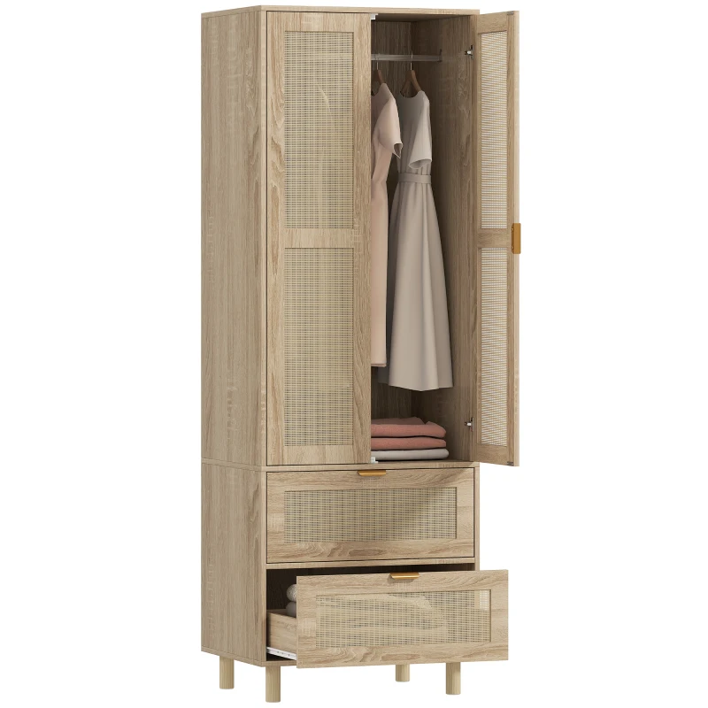 HOMCOM Armoire chambre penderie avec 2 portes en rotin, 2 tiroirs et barre de suspension, 63 x 47 x 185 cm, bois naturel