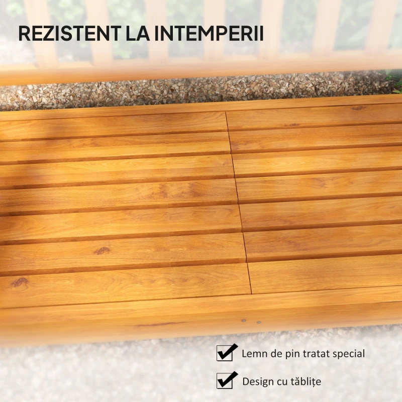 Outsunny Bancă de Grădină pentru 2-3 Persoane din Lemn de Pin, Bancă de Exterior cu Măsuță Rabatabilă și Brațe, pentru Balcon, Terasă și Grădină, 153x56x91 cm, Maro Deschis