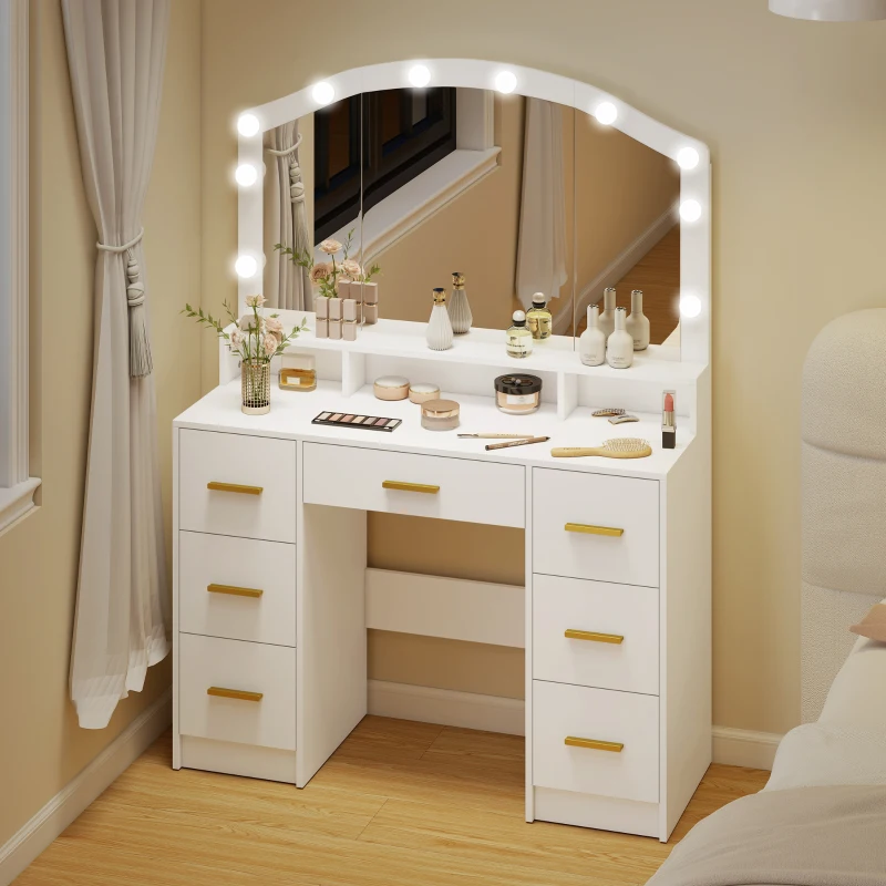 HOMCOM Tocador com 10 lâmpadas LED estilo Hollywood, Espelho, 7 Gavetas, 3 Compartimentos, MDF, Branco