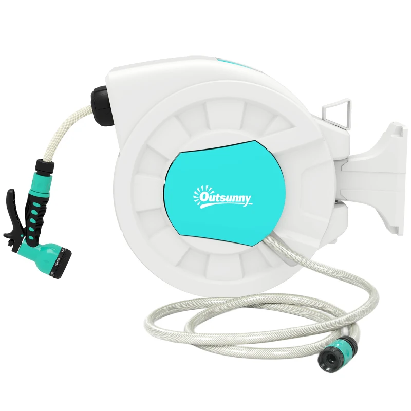 Outsunny Avvolgitubo da Giardino Retrattile con Tubo dell'Acqua 25+2 m e 7 Getti per Irrigazione, Verde e Grigio Chiaro