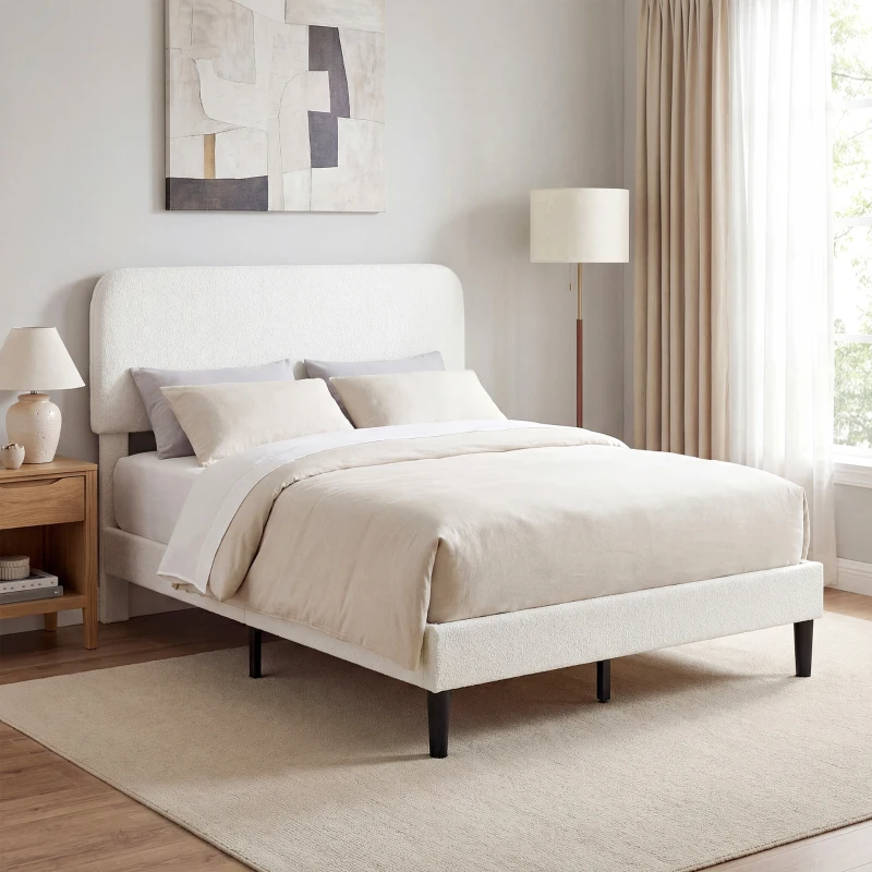 HOMCOM Estructura de Cama Doble con Cabecero Ajustable en Altura Tapizada en Borreguito Listones de Soporte Blanco