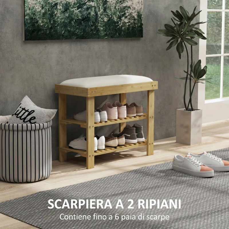 HOMCOM Panca Scarpiera da Ingresso in Bambù, con Seduta Imbottita a 2 Livelli, per 6 Paia di Scarpe, Ingresso Corridoio, 60x29x49cm, Bianco e Naturale