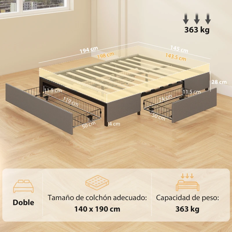 HOMCOM Cama Doble 140x190 cm Somier con 3 Cajones y Estructura de Metal Carga 363 kg Gris