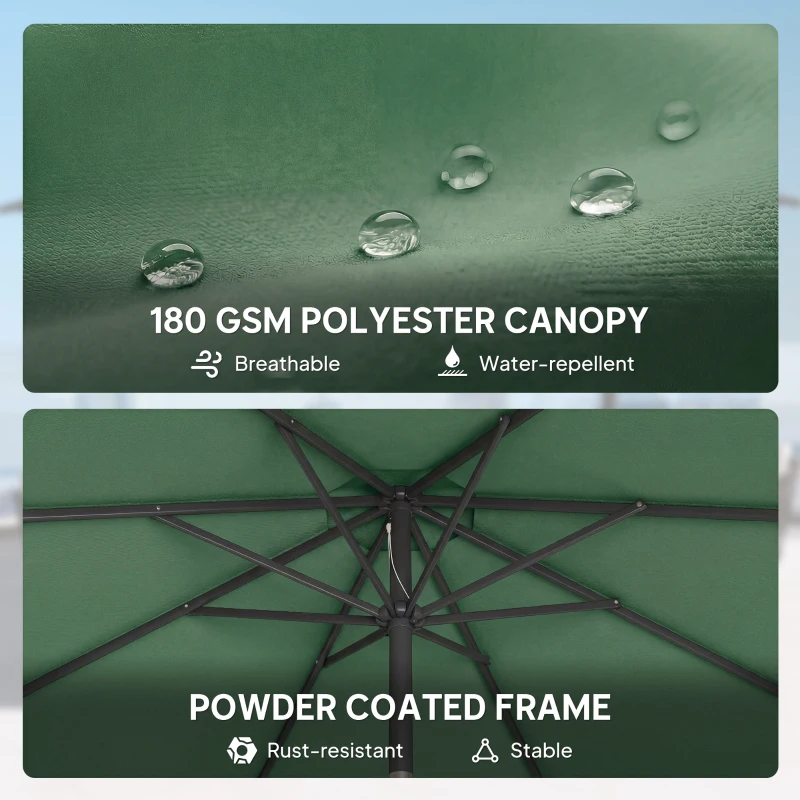 Outsunny 2.7 m Garden Parasol Umbrella with Cross Base and Sandbag, Retractable Ribs, Outdoor Table Market Umbrella, Green