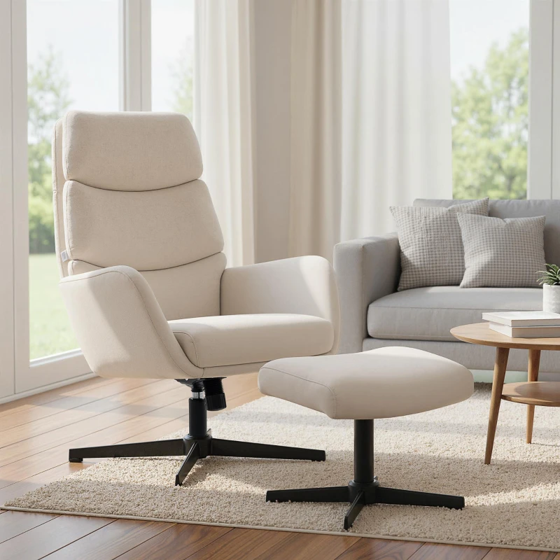 HOMCOM Poltrona estofada com pufe, poltrona lounge com encosto alto, base metálica, para sala de estar, quarto, Bege