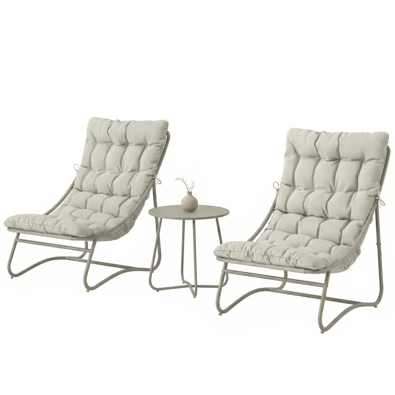 Outsunny 3 Piece Garden Bistro Set, Round Outdoor Bistro Table and Chairs Set for 2 with Texteline Seat and Cushions, Light Grey