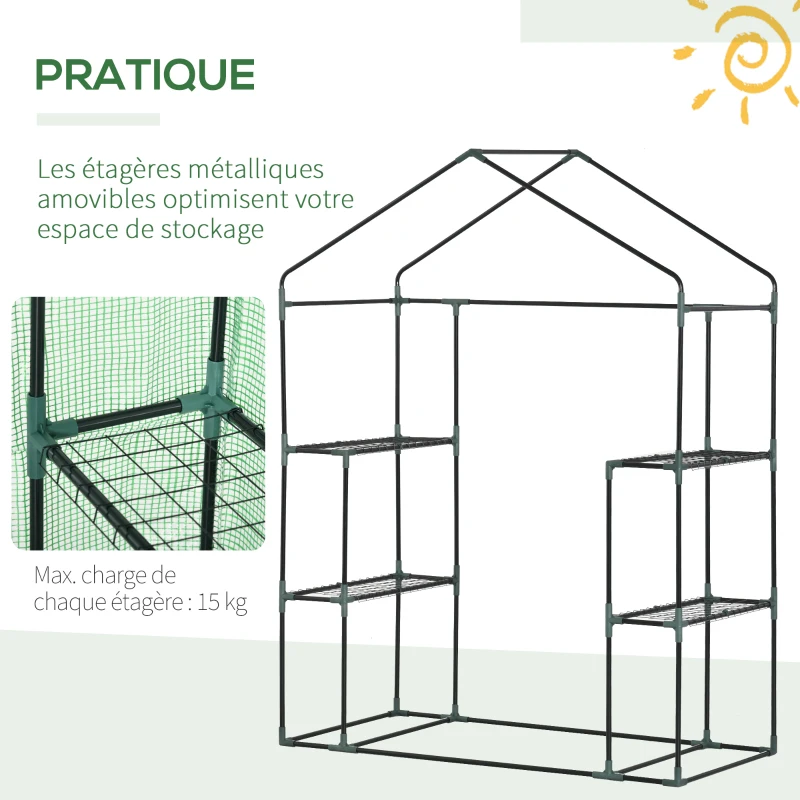 Outsunny Serre de Jardin avec Étagères 3 Niveaux, Petite Serre de Balcon en Bâche PE 140 g/㎡ Renforcée 141 x 72 x 191 cm, Vert