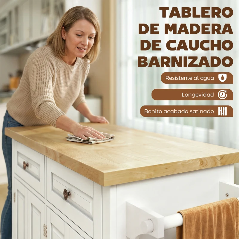 HOMCOM Isla de Cocina con Ruedas Mueble Auxiliar de Cocina con Especiero y Barra Lateral 111x44,5x82,5 cm Blanco