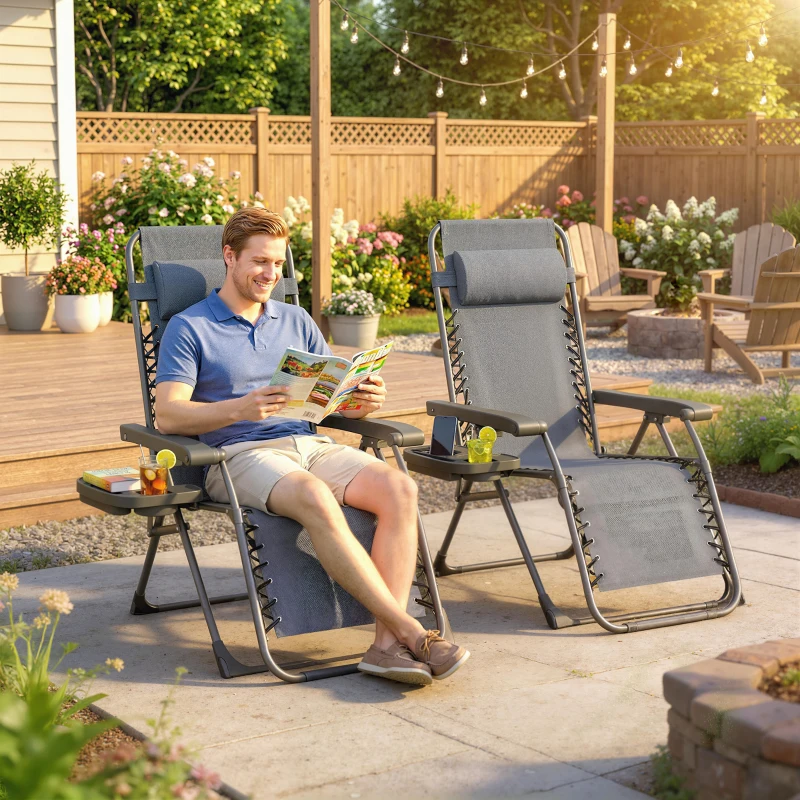 Outsunny Zero Gravity Chairs Set of 2, Folding Sunloungers Reclining Garden Chairs with Cup Holder, Headrest, Dark Grey