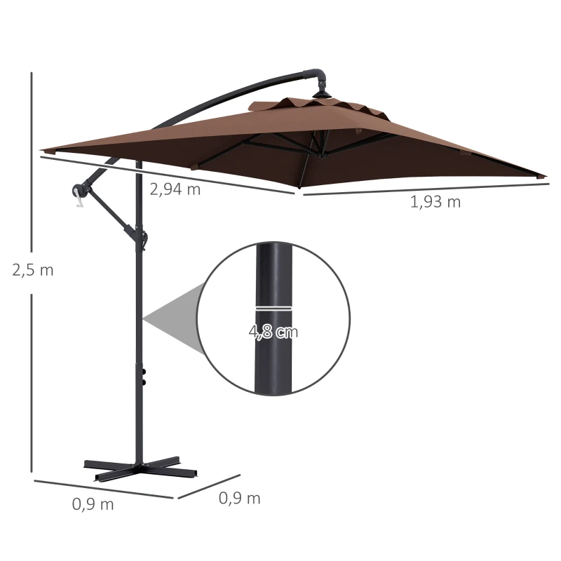 Outsunny Ombrellone da Giardino Decentrato con Base a Croce e Apertura a Manovella, 294x193cm, Marrone