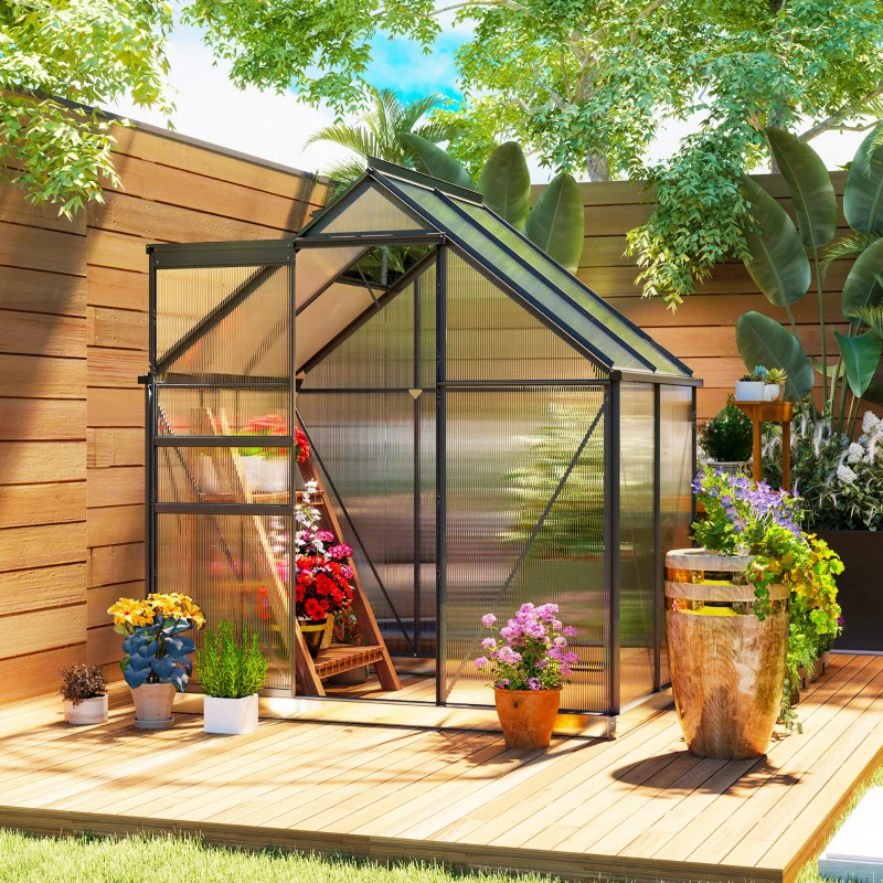Outsunny Serra in Policarbonato e Alluminio con Porta a Battente e Finestra a Tetto, 192.5x131x200 cm, Grigio