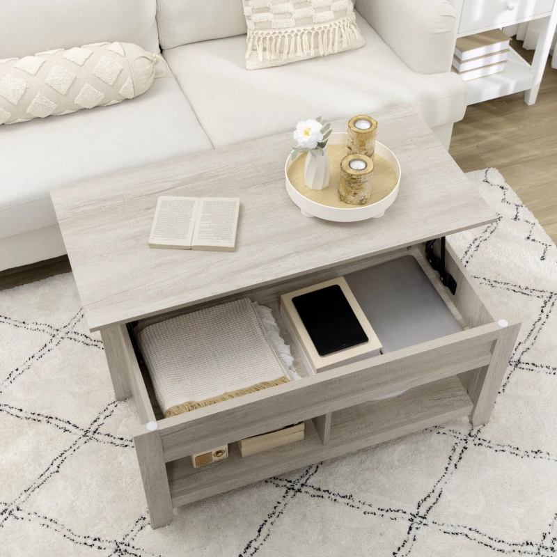 HOMCOM Lift Top Coffee Table w/ Hidden Storage Compartment Open Shelves Lift Tabletop Pop Up Centre Table for Living Room Oak Effect