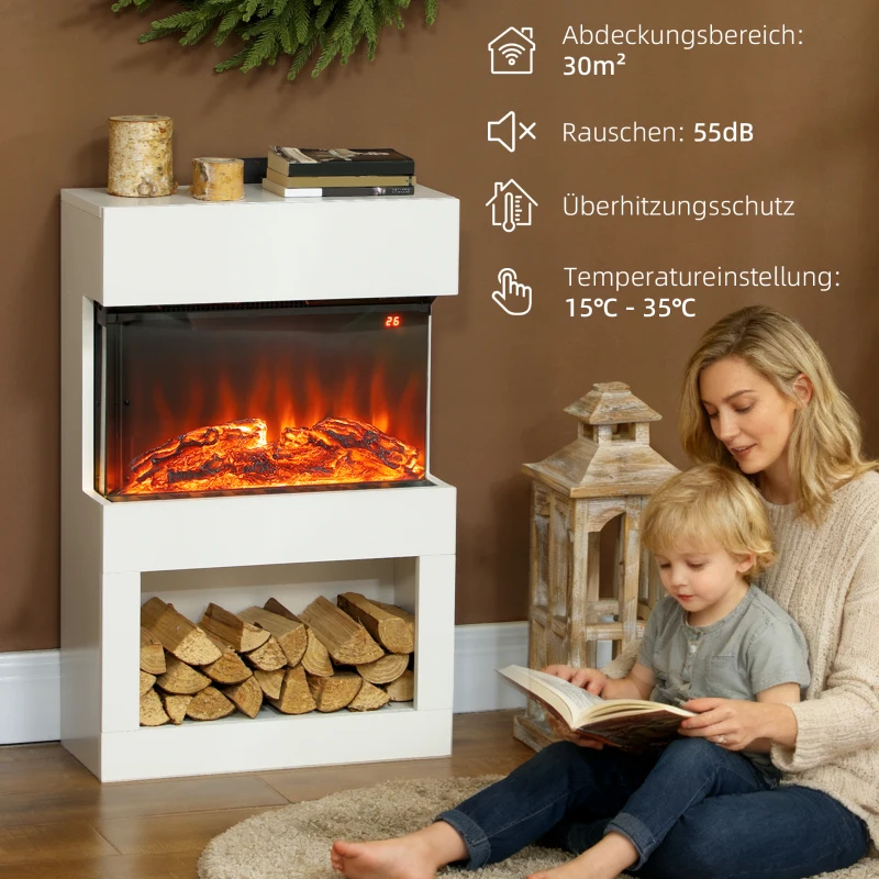 HOMCOM Elektrischer Kamin, 2 Heizstufen, 6 Flammenfarben, Thermostat, Fernbedienung, Weiß