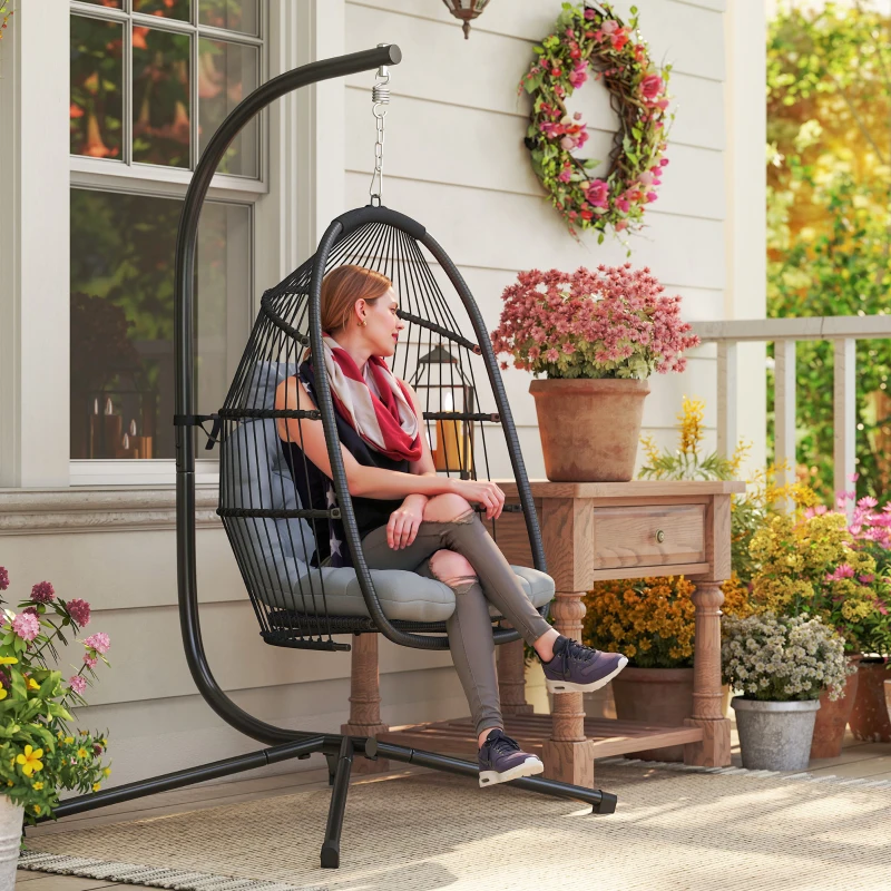Outsunny Rattan Hanging Egg Chair with Stand, Foldable Wicker Swing Egg Chair with Cushion, Head Pillow, Steel Frame, Hammock Chair for Indoor Outdoor, Capacity 150 kg, Dark Grey
