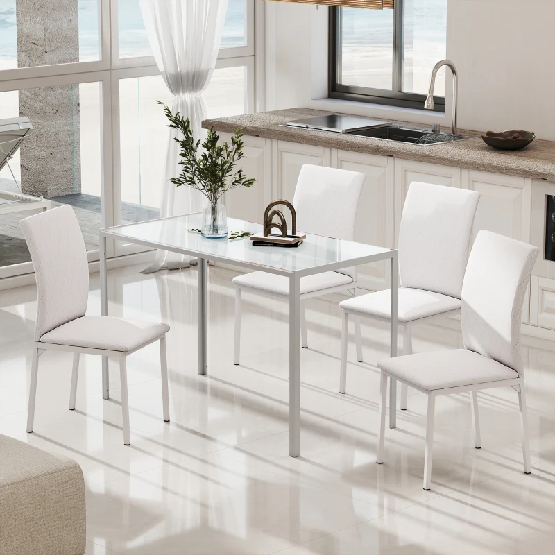 HOMCOM Lot de 4 chaises de salle à manger, chaises de cuisine, capitonnage rhombique et pieds en métal, 41x50x91cm, blanc