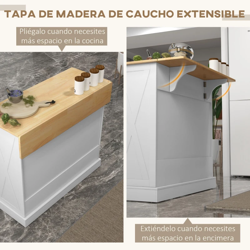 HOMCOM Isla de Cocina Carro de Cocina con Encimera de Madera Plegable 2 Puertas 2 Cajones Estante Ajustable y 4 Ruedas 105x60x90,5 cm Blanco
