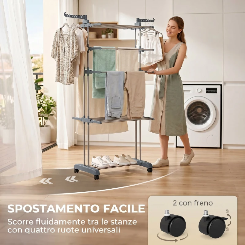 HOMCOM Stendibiancheria Pieghevole con 5 Livelli, Ruote e Struttura in Acciaio Inox, per Casa e Lavanderia, Grigio