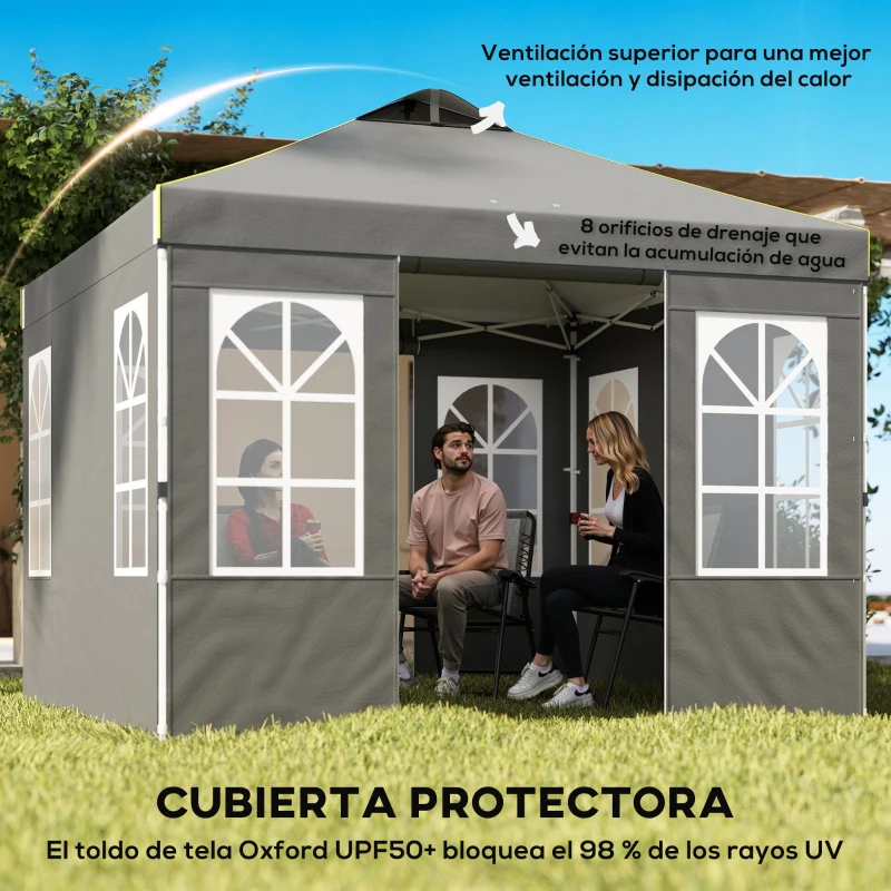Outsunny Carpa Plegable 3x3 m Pop-up con UPF50+ 4 Laterales Desmontables Altura Ajustable y Bolsa de Transporte Gris Oscuro