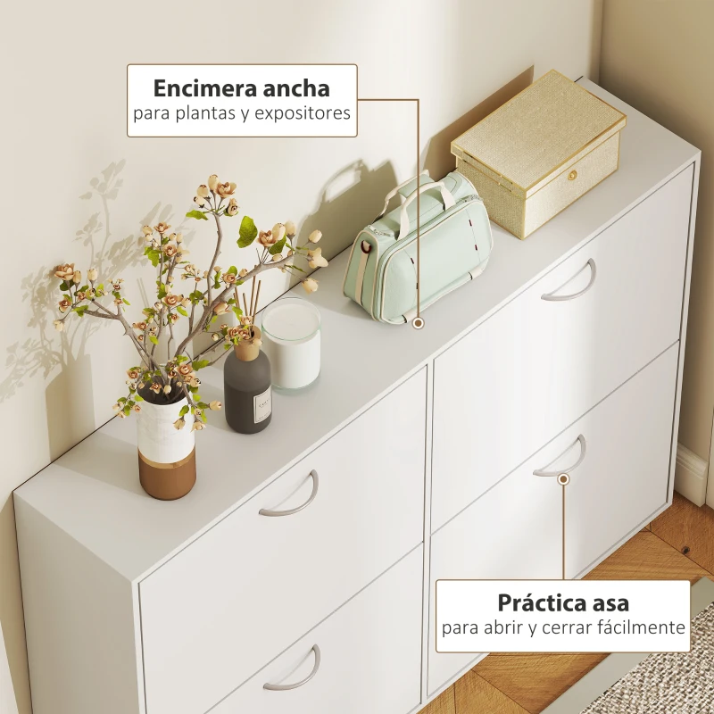 HOMCOM Mueble Zapatero Blanco Zapatero Moderno con 4 Cajones Abatibles para 16-24 Pares de Zapatos para Pasillo 120x24x81 cm