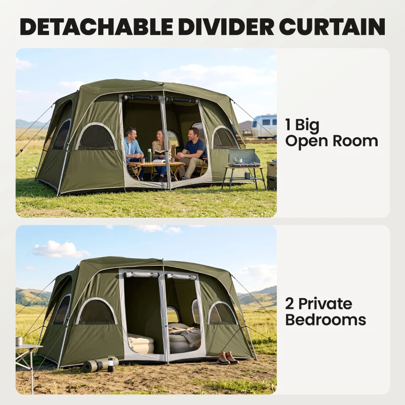 Outsunny Camping Tent, Family Tent 4-8 Person 2 Room, with Large Mesh Windows, Easy Set Up for Backpacking Hiking Outdoor, Green