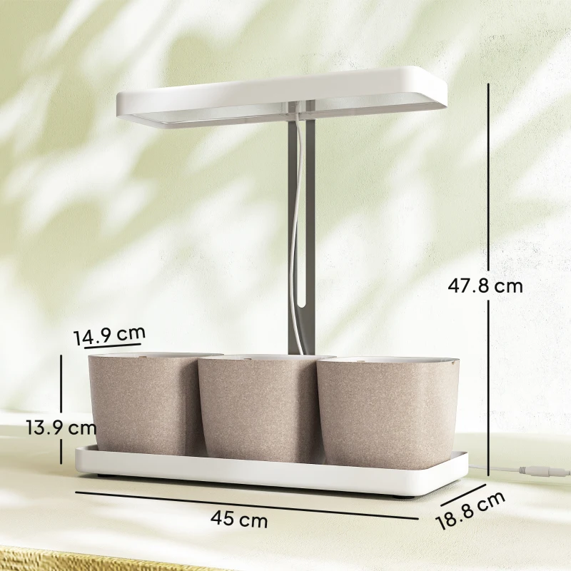 Outsunny Lămpi pentru Plante cu 42 de Lămpi LED, 3 Ghivece, Temporizator și Iluminare Reglabilă, 45x18,8x47,8 cm, Alb