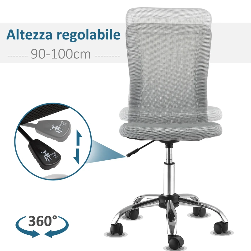 Vinsetto Sedia da Ufficio Ergonomica Senza Braccioli in Tessuto a Rete, Altezza Regolabile e 5 Ruote, Grigio