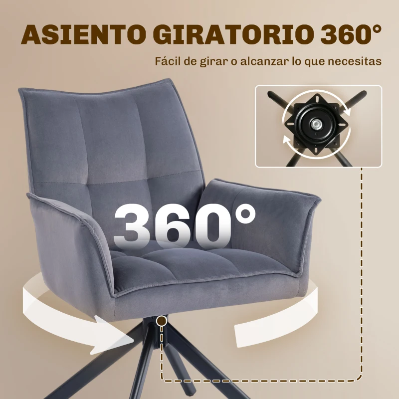 HOMCOM Juego de 2 Sillas de Comedor Giratorias con Reposabrazos Respaldo Acolchado Tapizado en Terciopelo Patas de Acero Gris