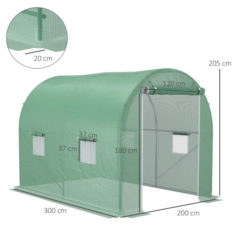 Outsunny Estufa Túnel para Jardim Área ao Solo 6 m² 3L x 2l x 2,10H m Estrutura Tubular Reforçada Porta com Zíper 4 Janelas Enroláveis Estrutura Metálica Verde