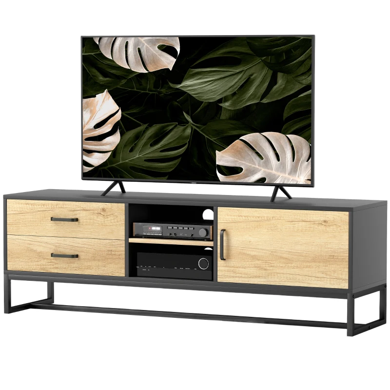 HOMCOM Móvel TV para Televisores de até 152 cm Móvel para TV com Armário Compartimentos Abertos 2 Gavetas Madeira Natural