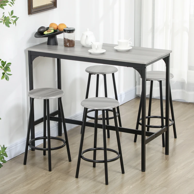 HOMCOM Ensemble table haute et 4 tabourets avec Repose-Pieds, métal noir et aspect bois pour cuisine salle à manger