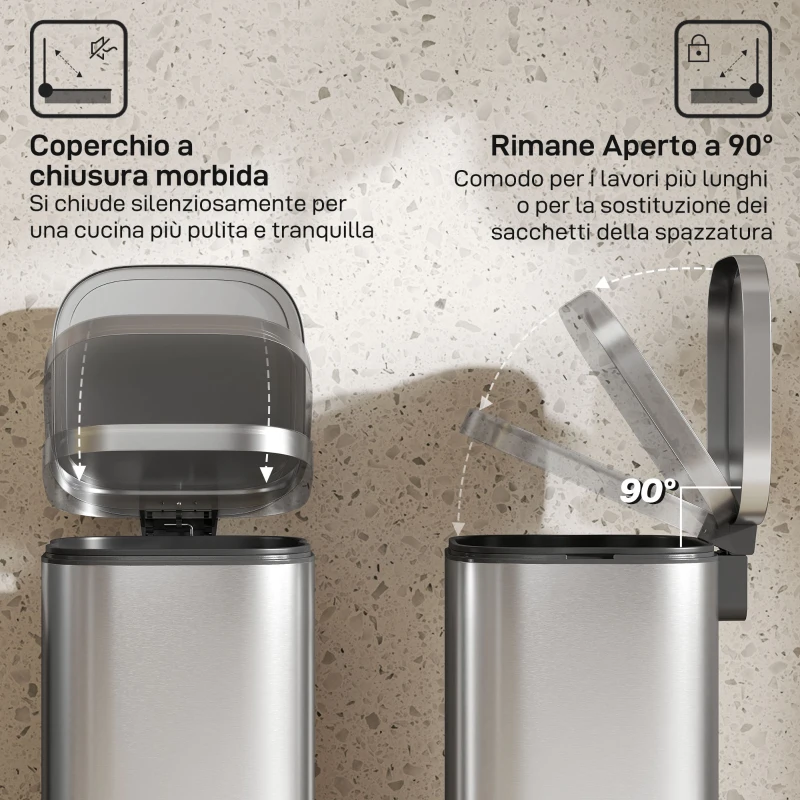 HOMCOM Bidone Immondizia a Pedale da 30L con Secchio Rimovibile, in Metallo e PP, 29x36x59.5 cm, Argento