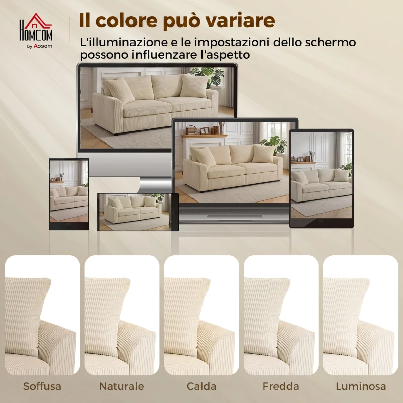 HOMCOM Divano 3 Posti in Velluto a Coste con Molle Insacchettate e 2 Cuscini, 212x80x88 cm, Bianco Crema