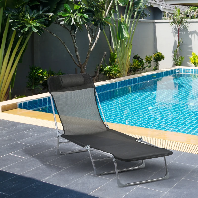 Outsunny Șezlong Pliabil cu Spătar Reglabil pe 5 Niveluri și Pernă, Șezlong de Grădină cu Material Texteline, pentru Plajă Piscină Grădină, 182x56x28 cm, Negru