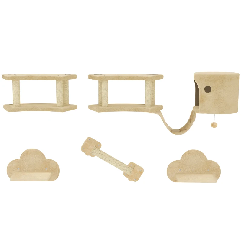 PawHut Conjunto de Escalada para Gatos 5 peças com Poste Arranhador Plataformas de Salto Escada Casinha Montagem na Parede Bege