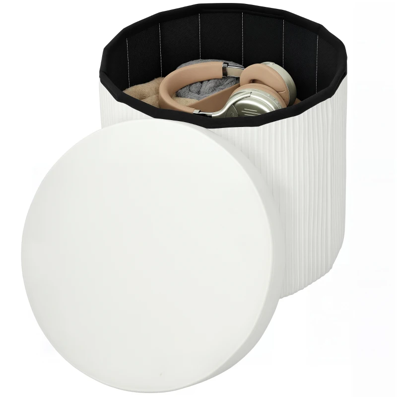 HOMCOM Puff Almacenaje Banco Almacenaje Plegable 35 L 38x38x38 cm Tapizado en Terciopelo Baúl de Almacenamiento Redondo Crema