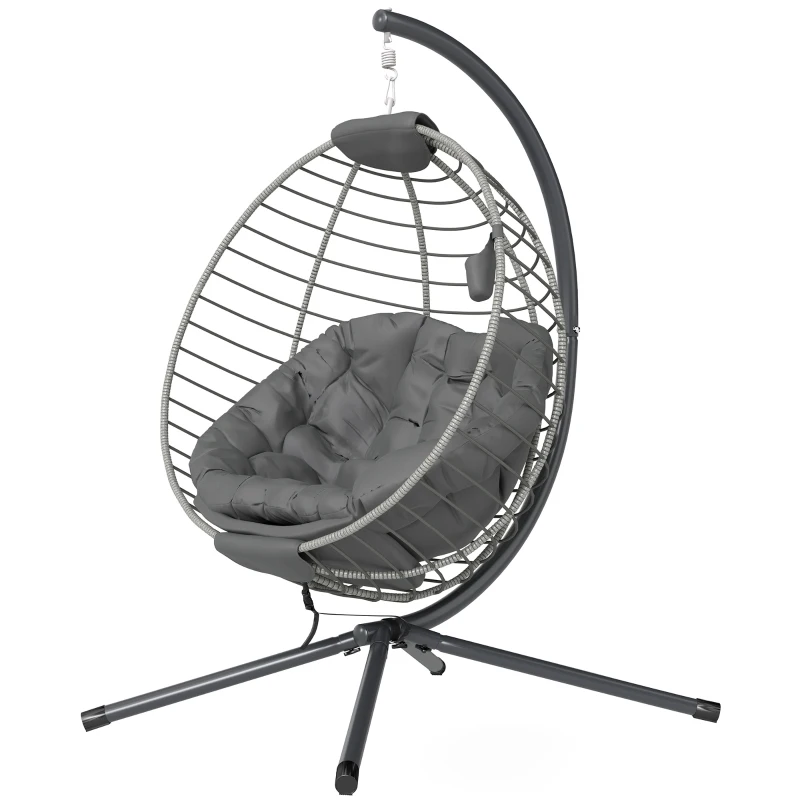 Outsunny PE Rattan Swing Chair, Outdoor Hanging Chair with Metal Stand, Thick Padded Cushion, Foldable Basket and Cup Holder, for Indoor and Outdoor, Grey