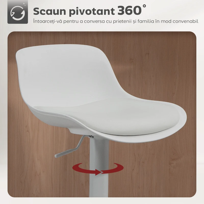 HOMCOM Set de 2 Scaune de Bar cu Spătar, Înălțime Reglabilă, Șezut Rotativ din Piele PU și Suport pentru Picioare, Alb