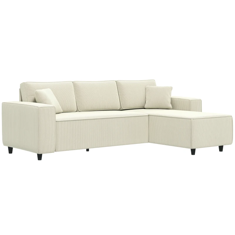 HOMCOM Sofá 3 Lugares com Chaise Longue Sofá para Sala com Revestimento em Veludo Cotelê 2 Almofadas Extras Sofá Estofado Creme Branco